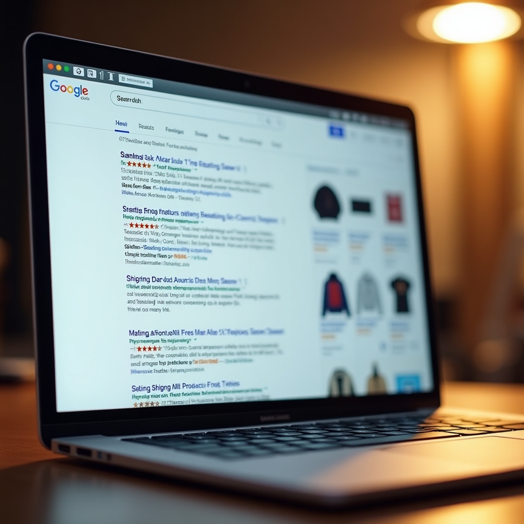 Search engine results page showing product rich results with star ratings and prices