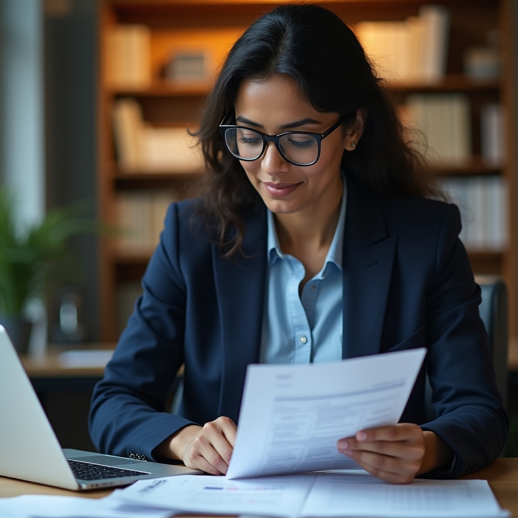 Schema markup specialist reviewing structured data documentation at a workstation